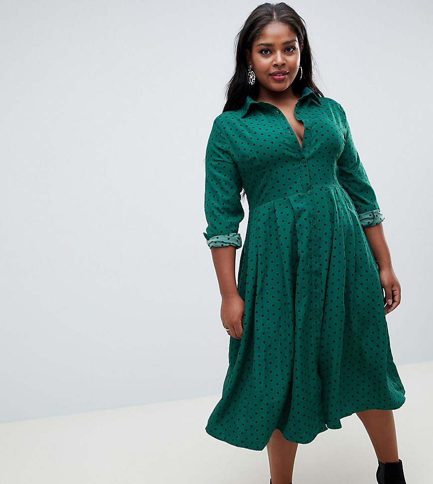 Glamorous Curve midi shirt dress with pleated skirt in polka dot print - Green polka dot