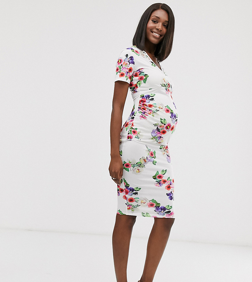 Blume Maternity exclusive wrap front stretch midi dress in cream floral