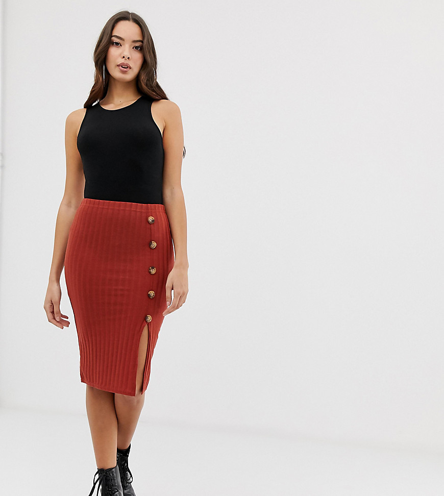 Boohoo ribbed knitted button down side split midi skirt in terracotta