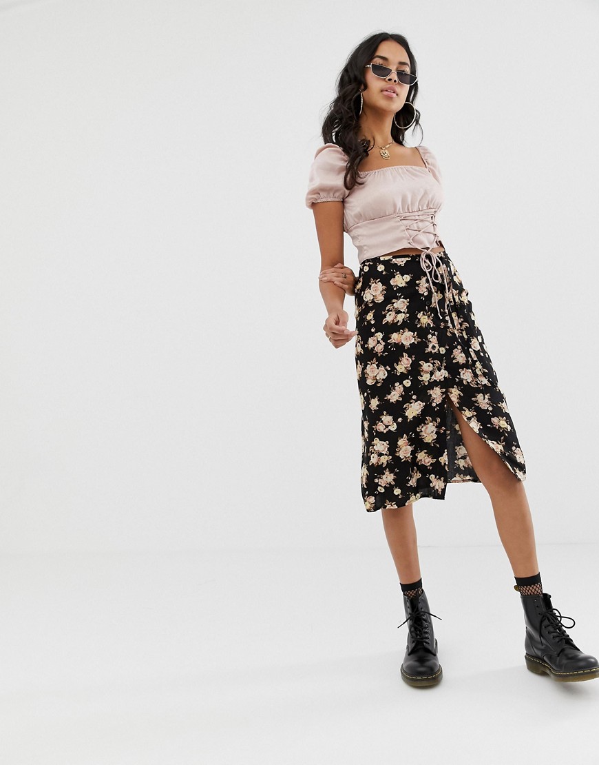 Motel midi skirt with thigh split in floral