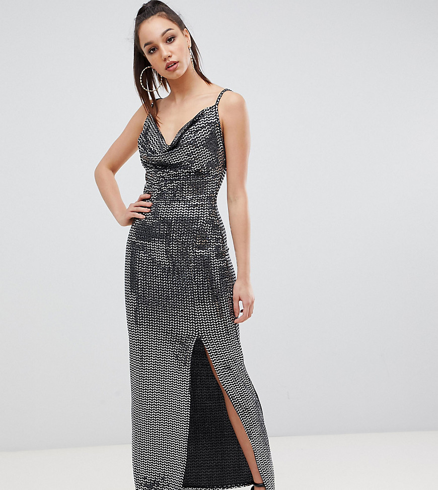 Missguided Tall exclusive tall sequin cowl neck maxi dress with side split in black