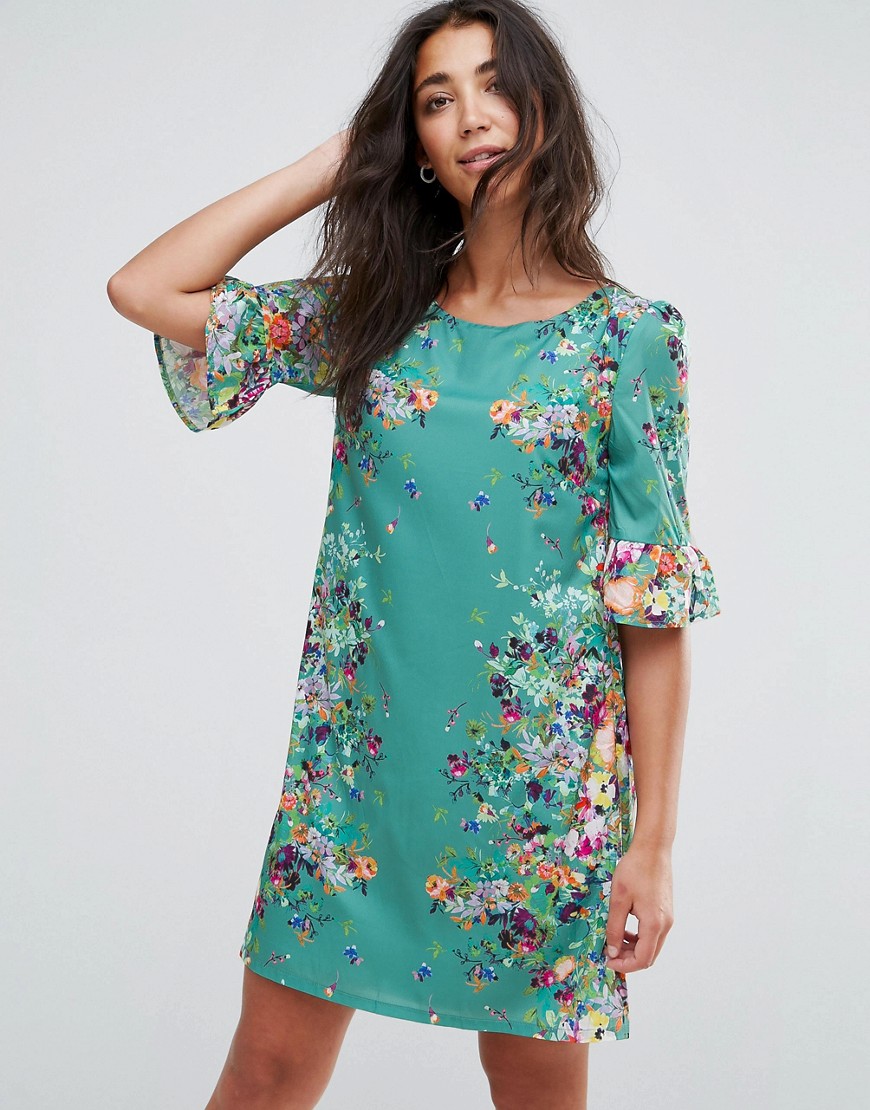 Yumi Frill Sleeve Dress In Floral Border Print - Mint