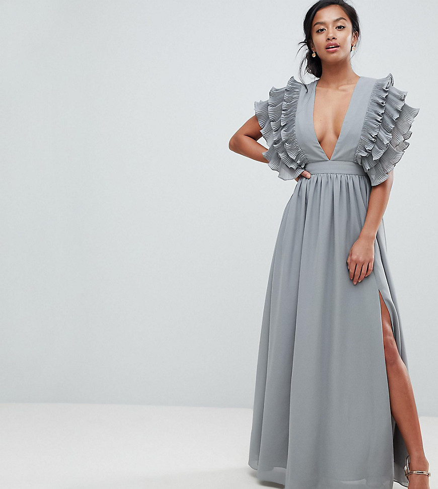 True Decadence Petite Premium Plunge Front Maxi Dress With Shoulder Detail - Grey