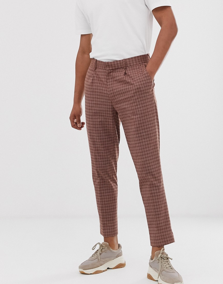 Asos Design Skinny Crop Smart Trousers In Brown Check