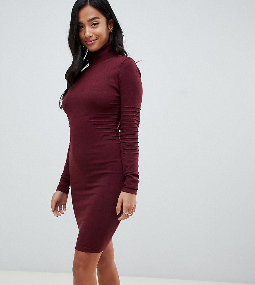 Y.A.S Petite high neck ribbed mini jumper dress in burgundy