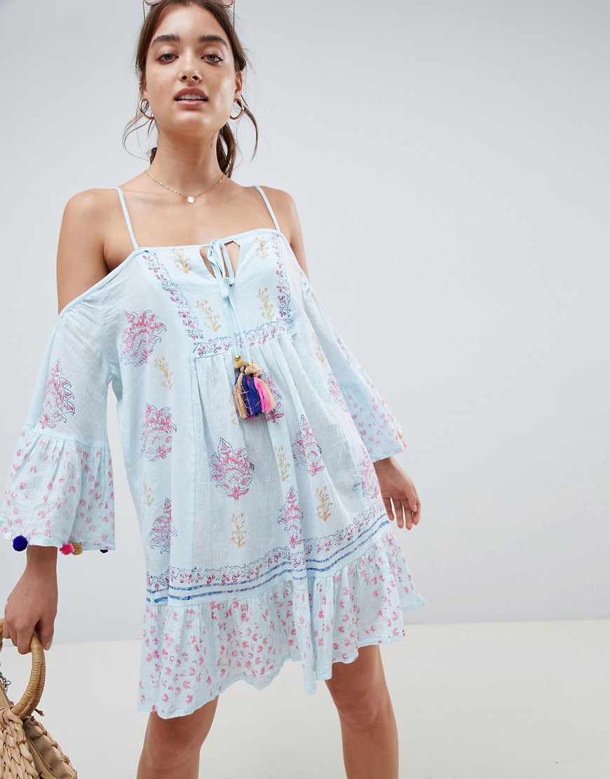 South Beach crinkle cold shoulder printed beach dress with pom pom sleeve trim - Blue