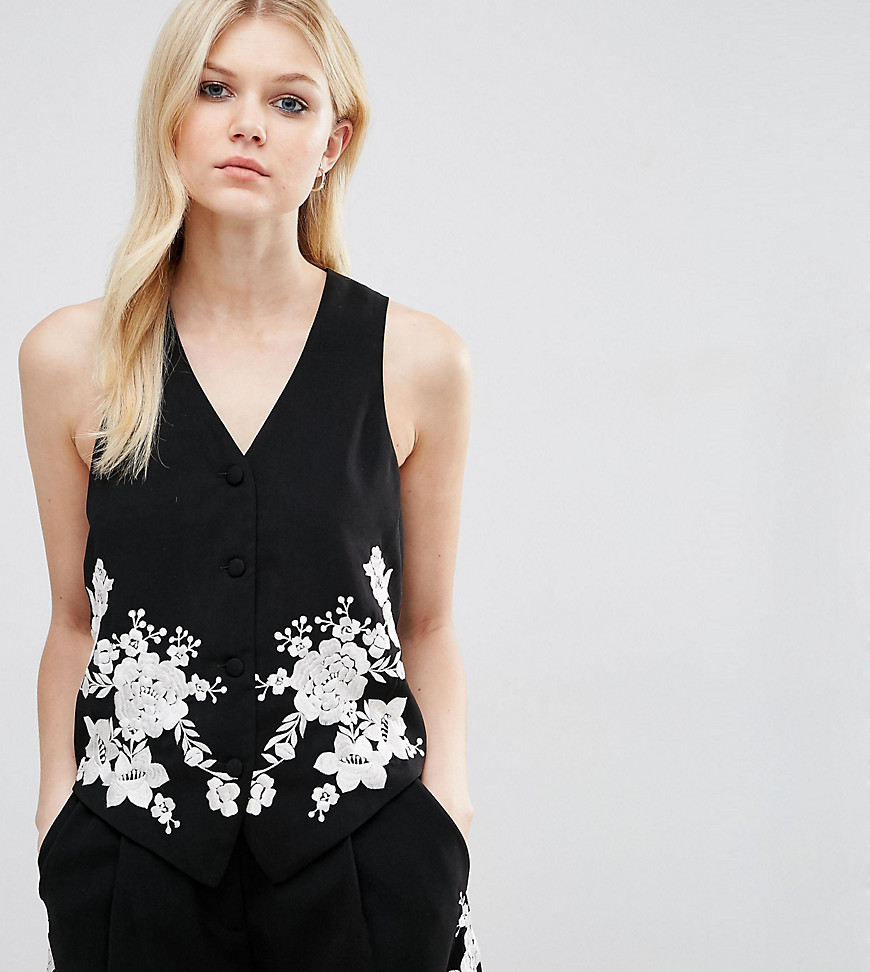 ASOS PETITE Co-ord Luxe Tux Waistcoat with Pretty Floral Embroidery - Black