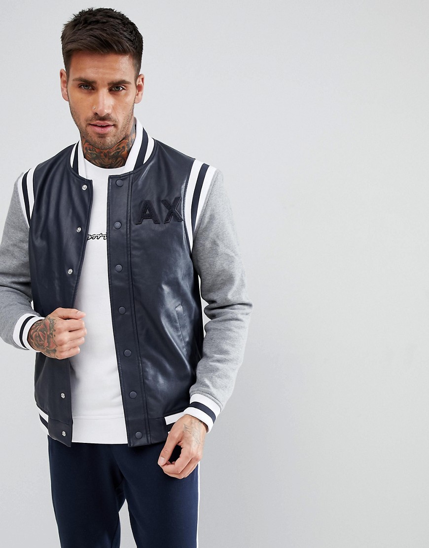 Armani Exchange Faux Leather Varsity Bomber In Navy - 4541
