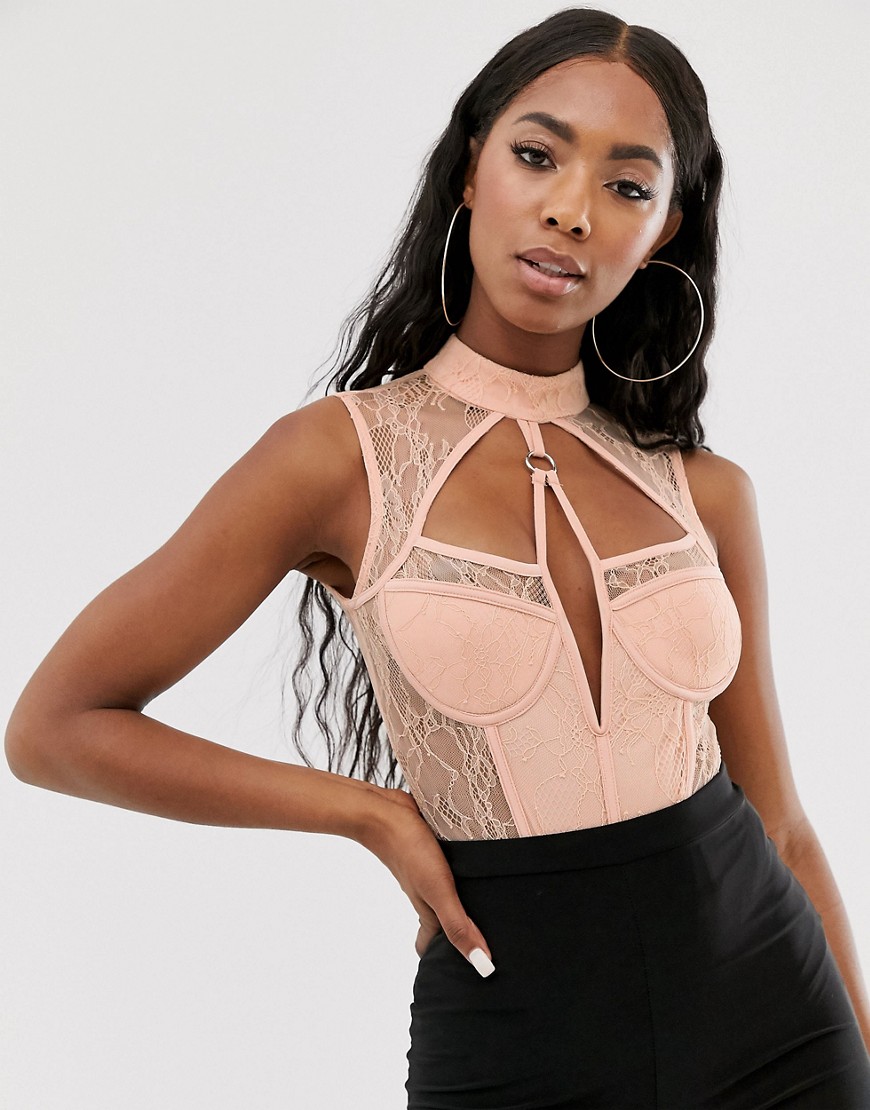 Rare lace binding high neck bodysuit in soft pink