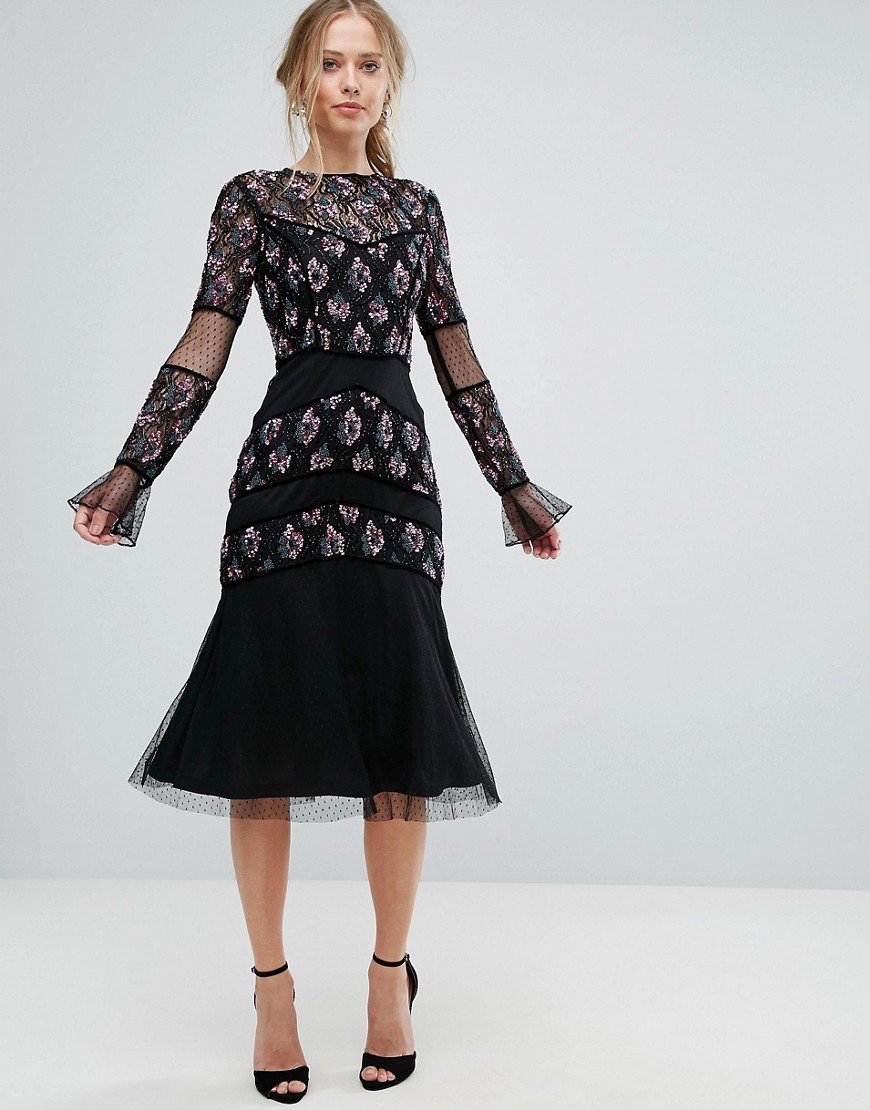 Frock and Frill Midi Dress with Embellishment - Black