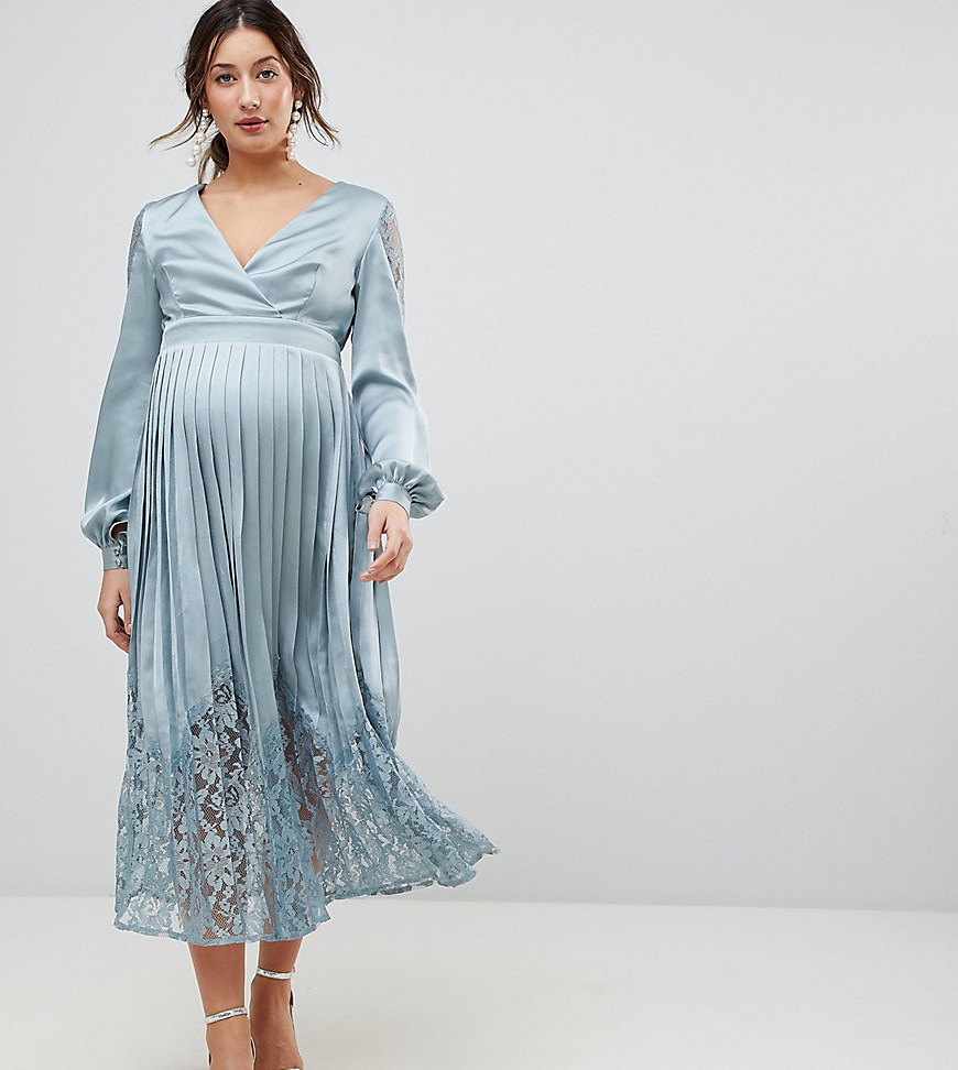 Little Mistress Maternity Wrap Front Midi Dress With Lace Pleated Skirt - Cornflower