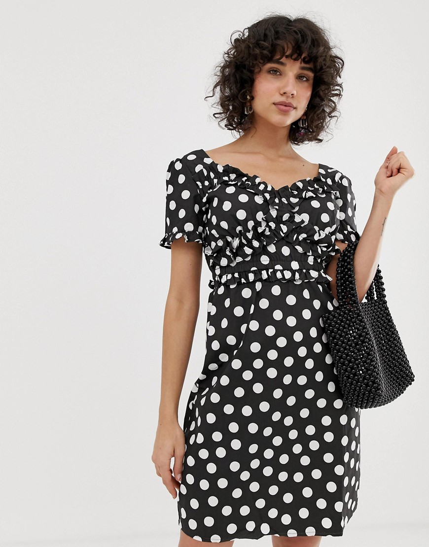 Lost Ink Dress with Frill Detail in Polka Dot
