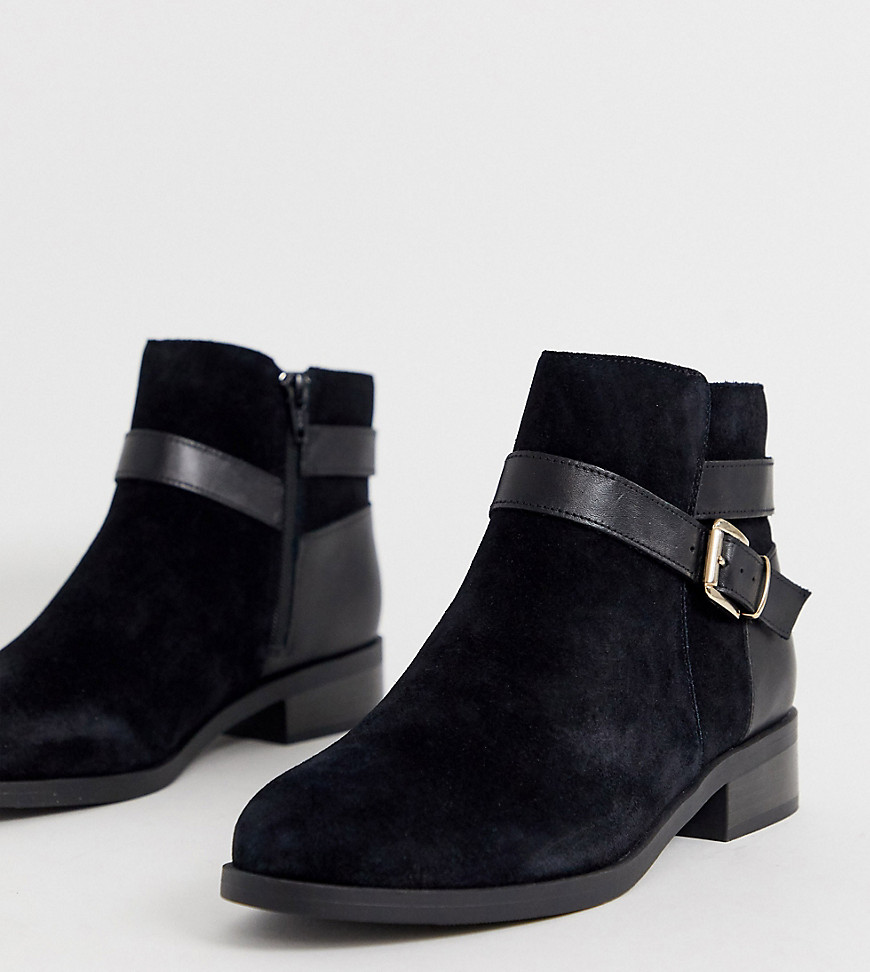 New Look Wide Fit suede buckle detail flat boots in black