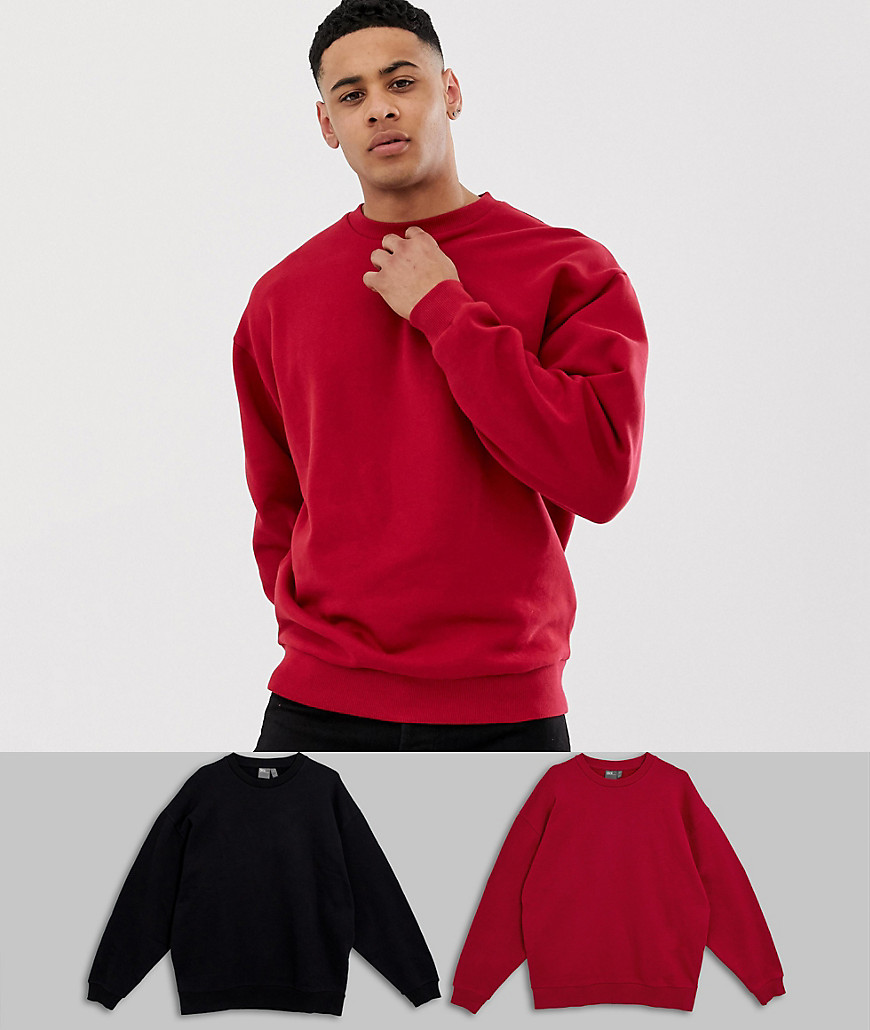 ASOS DESIGN oversized sweatshirt 2 pack black/red