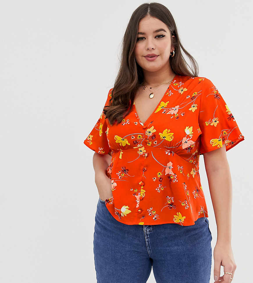 Influence Plus button front tea blouse in floral print