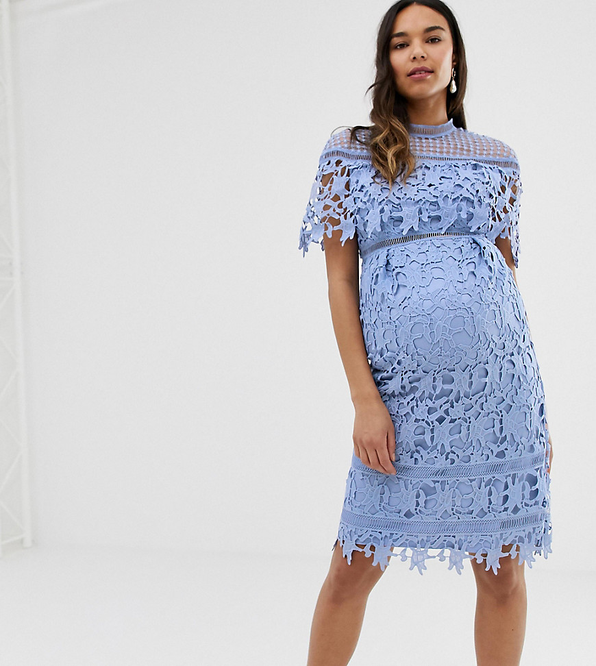 Chi Chi London Maternity lace high neck mini dress in cornflower blue