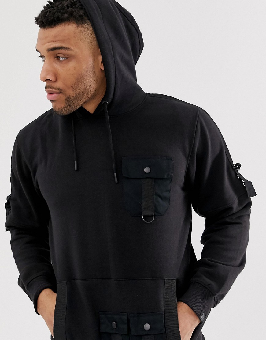 Soul Star utility multi pocket hoodie in black