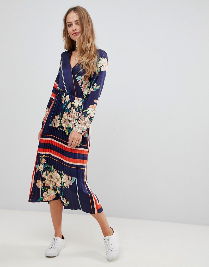 Liquorish midi dress with pleated skirt in floral and stripe print