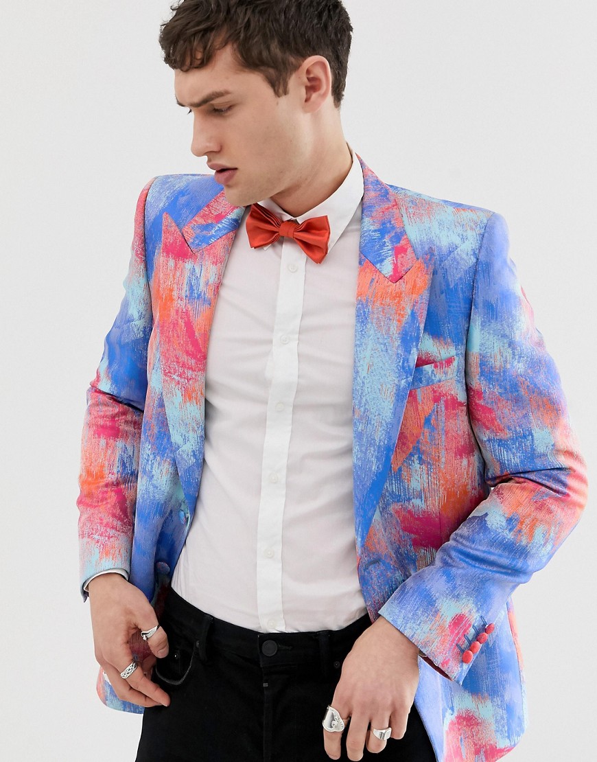 ASOS EDITION slim tuxedo blazer in blue and pink abstract jacquard