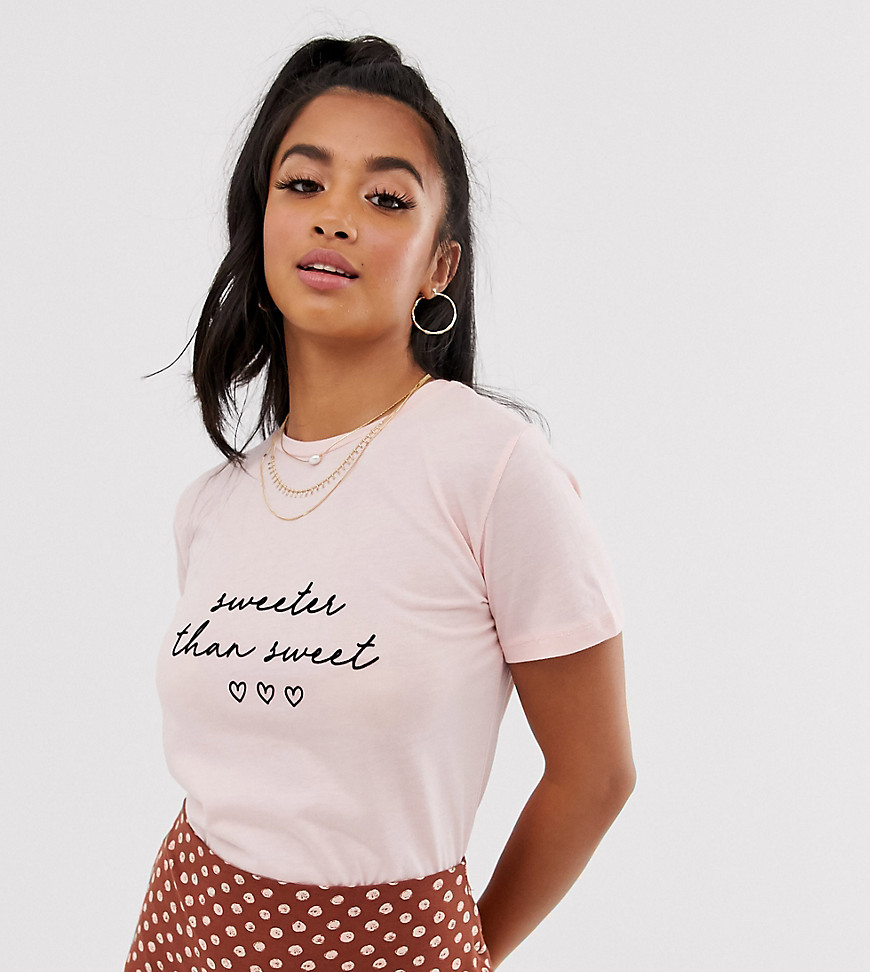 New Look Petite sweeter than sweet slogan t-shirt in pink