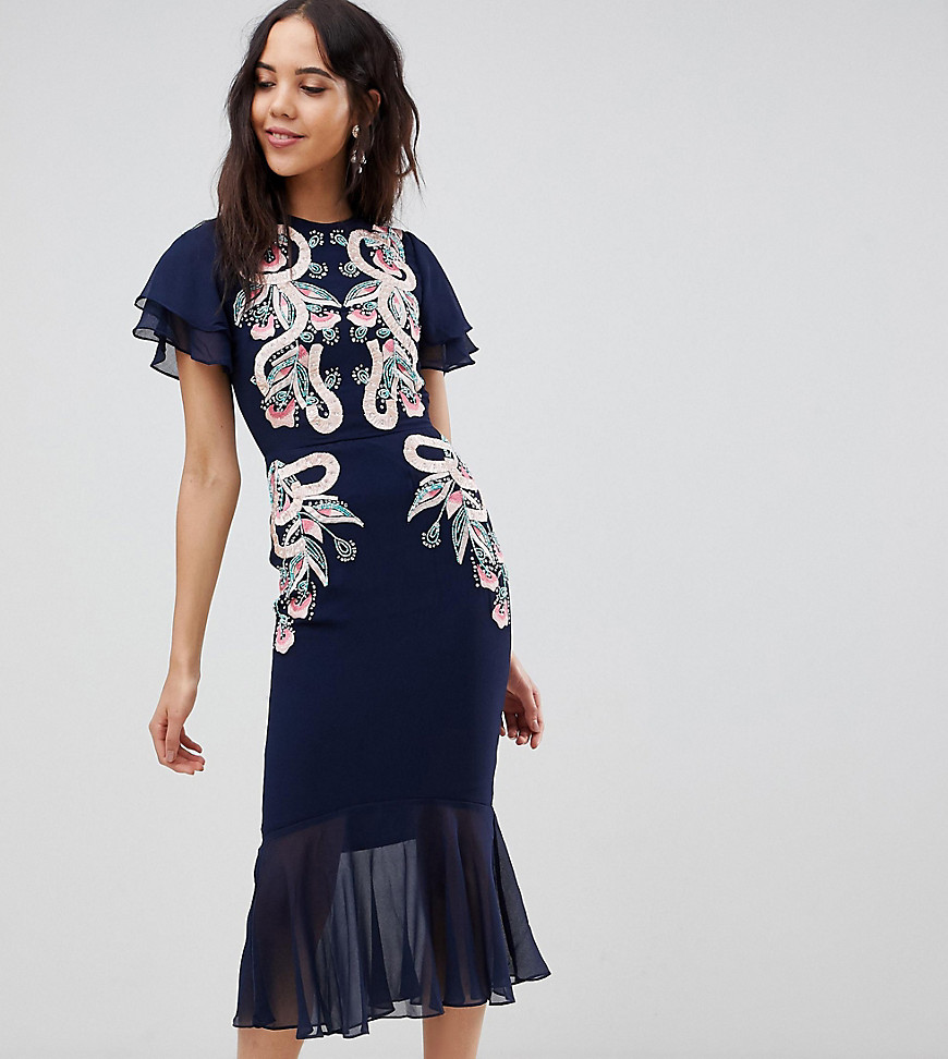 Frock And Frill Tall Embroidered Midi Dress With Chiffon Hem Detail