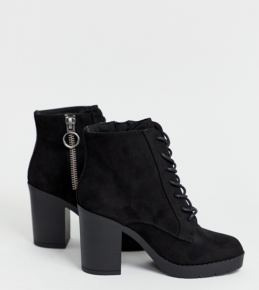 New Look wide fit faux suede lace up heeled boot in black