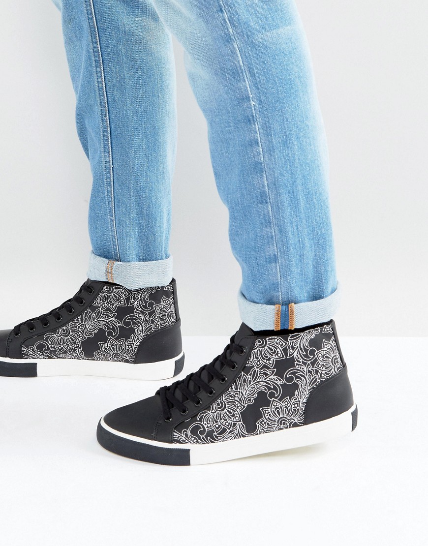 ASOS Mid Top Trainers In Black And White With Contrast Pattern - Black