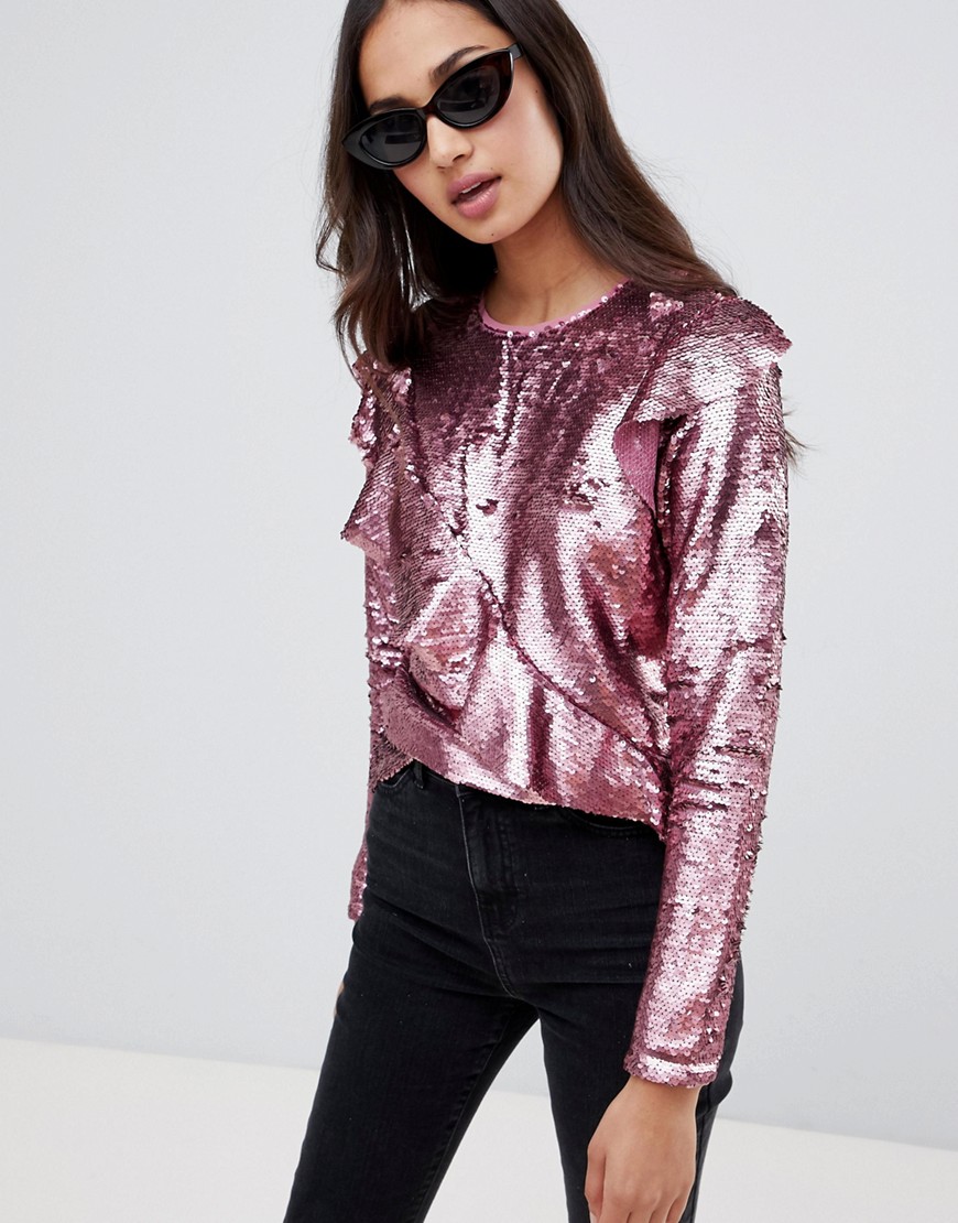 Glamorous sequin top with frill - Pink sequin