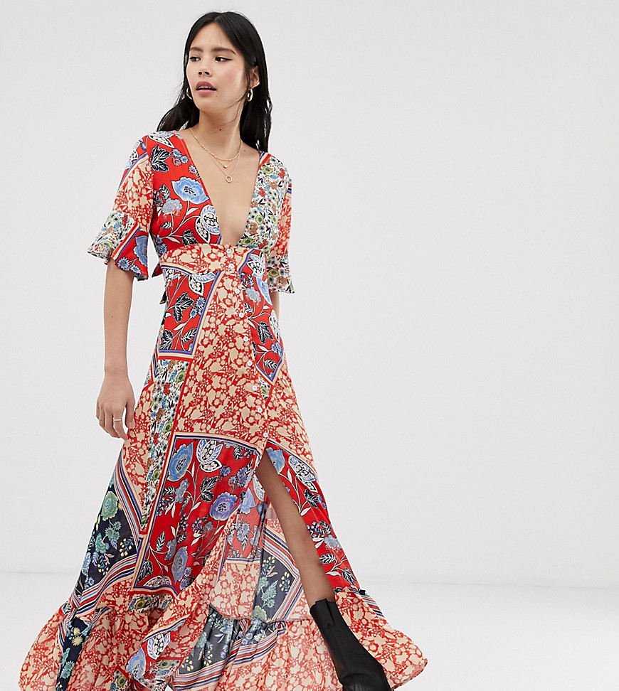 Kiss The Sky maxi dress with thigh splits in mixed print