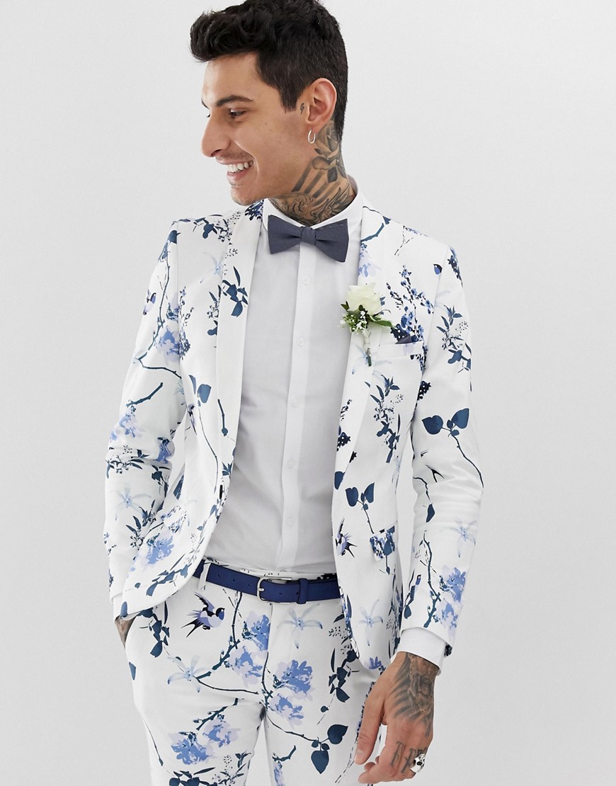 Twisted Tailor super skinny suit jacket in white with floral print