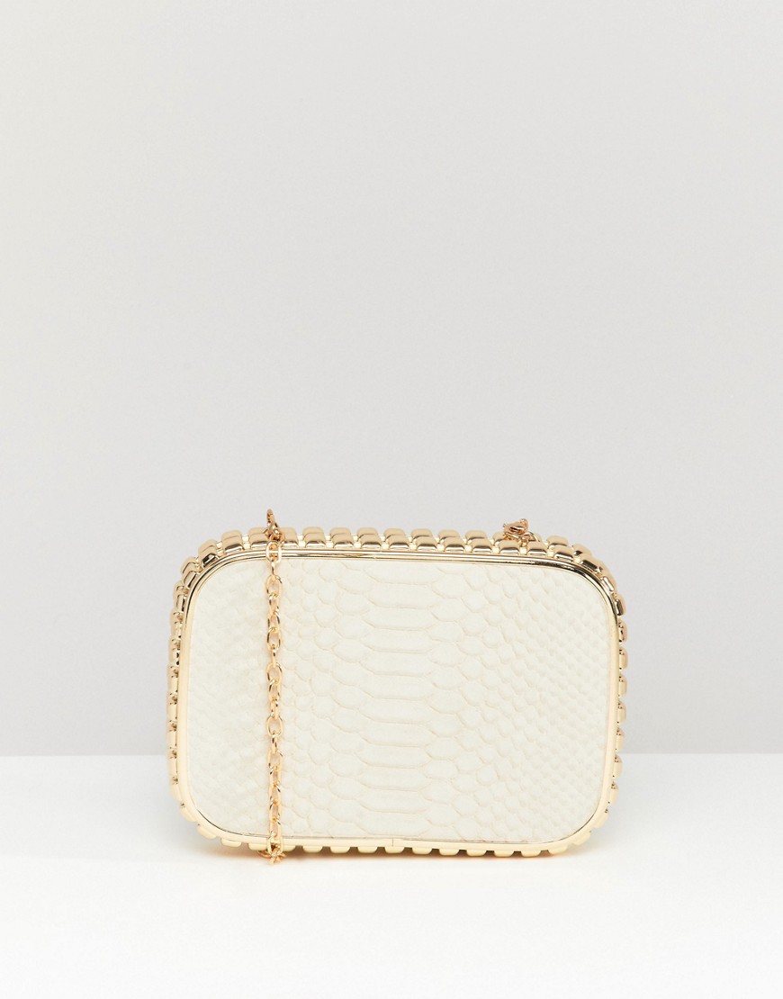 Claudia Canova snake embossed hardcase box clutch with studded metal frame and detachable chain.