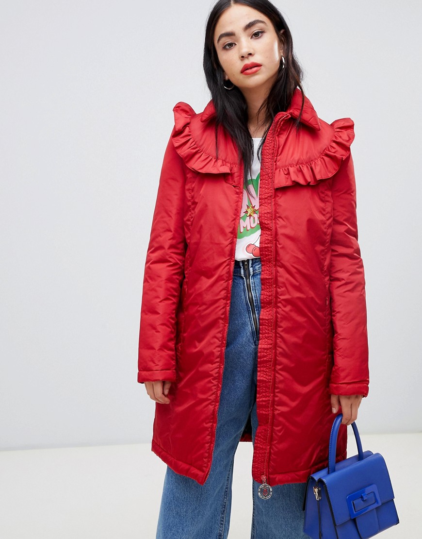 Love Moschino Frill Quilted Coat with Branded Circle Zip Puller