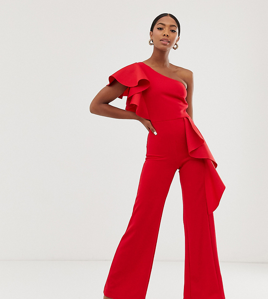 True Violet exclusive one shoulder peplum frill jumpsuit in red