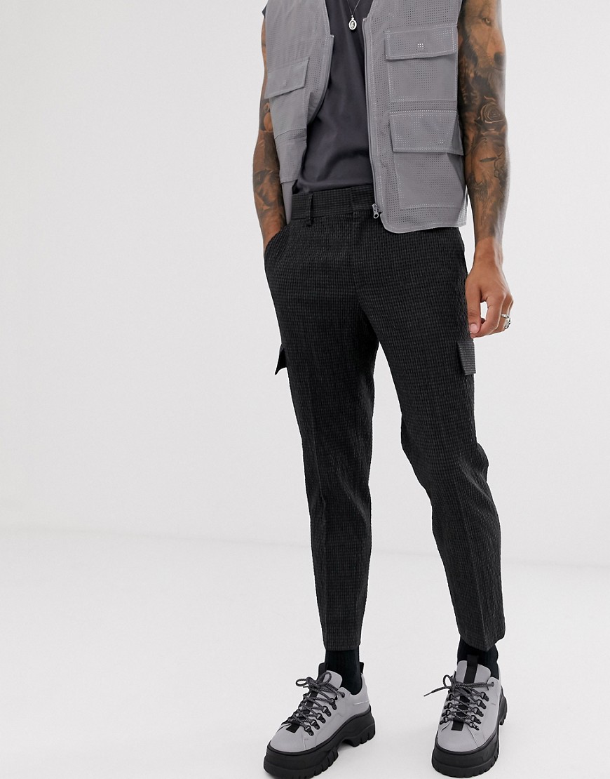 ASOS DESIGN slim crop smart seersucker cargo trousers in charcoal with contrast stitching