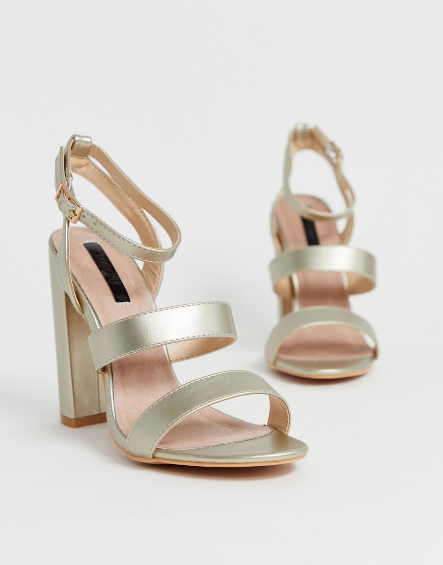 Lost Ink strappy block heeled sandal in gold