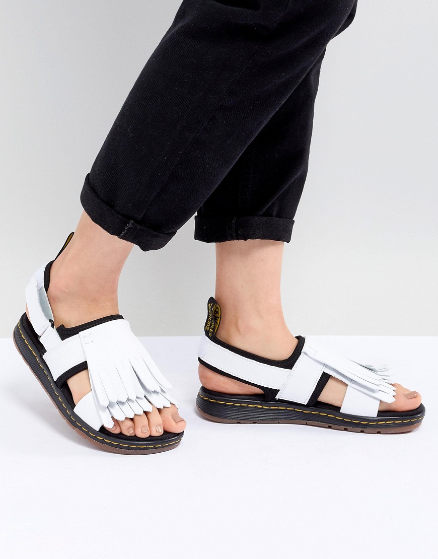 Dr Martens Rosalind Leather Flat Sandal with Tassel Detail - White hydro leather