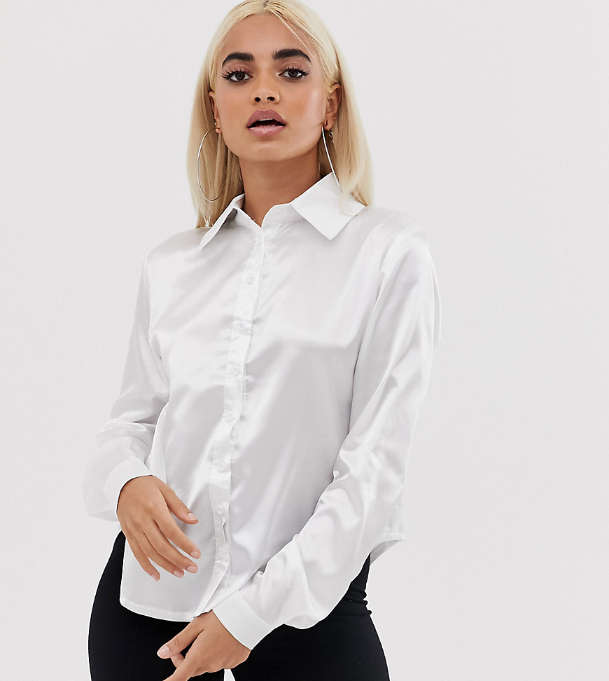 PrettyLittleThing Petite satin shirt in white