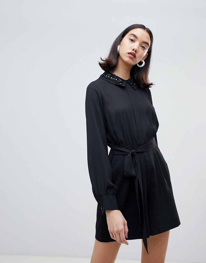 Lost Ink button up playsuit with belted waist and embellished collar