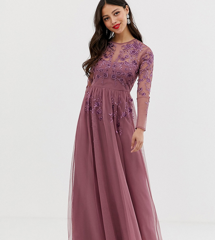 ASOS DESIGN Petite long sleeve maxi dress in embroidered mesh
