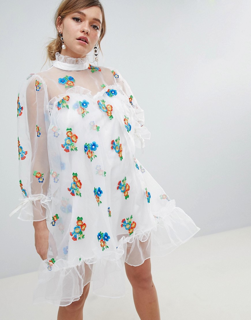 Sister Jane Organza Smock Dress With Gathered Cuffs And Floral Embroidery - White multi