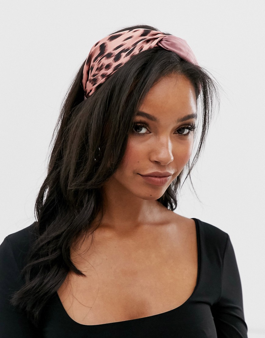 ASOS DESIGN twist headband in blush pink satin and animal print