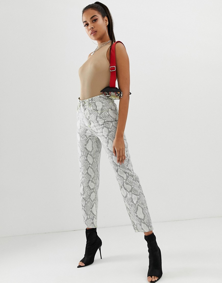 Asos Design Farleigh High Waisted Straight Leg Jeans In Coated Mono Snake Print With Neon Thread Det In Multi
