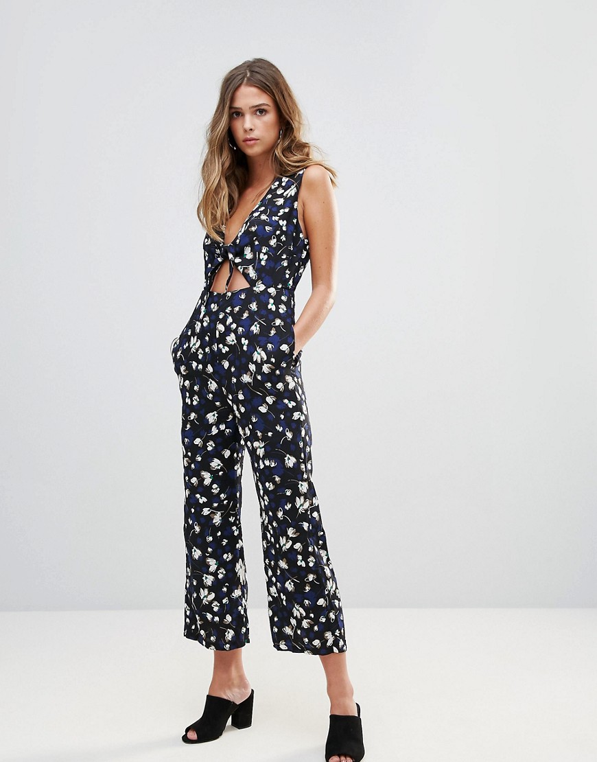 Goldie Floral Printed Midi Length Jumpsuit With Front Tie