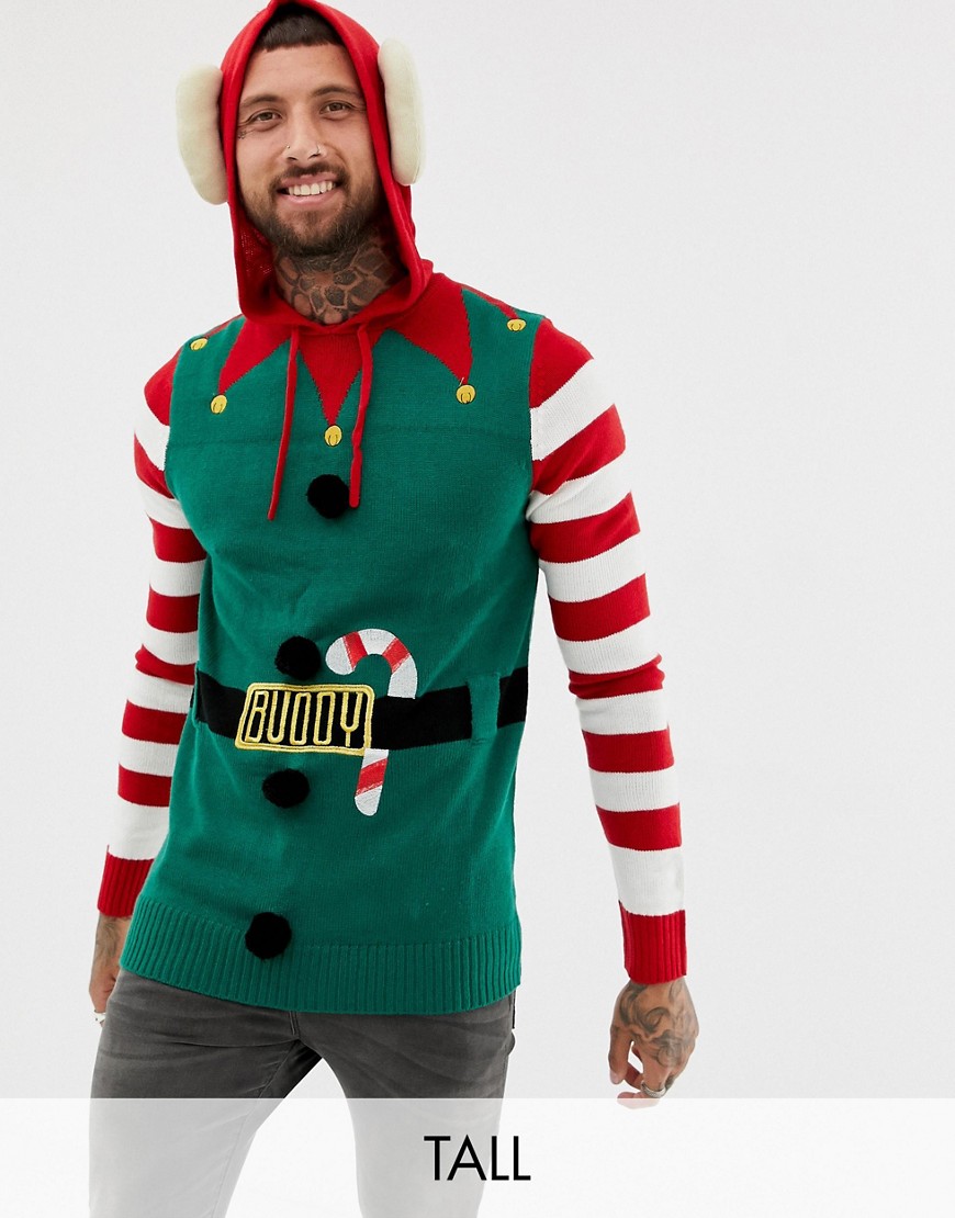 Brave Soul Tall Christmas Hooded Elf Jumper with Bells