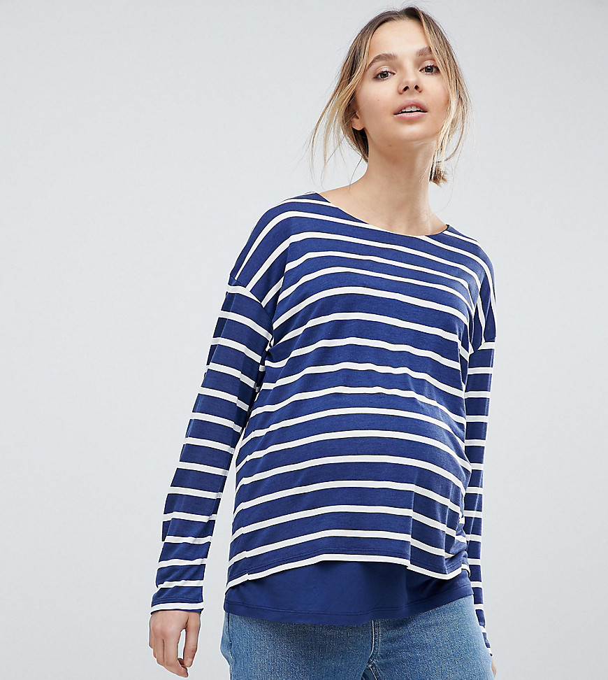 ASOS DESIGN Maternity Nursing Long Sleeve Top With Double Layer In Navy Stripe - White/navy
