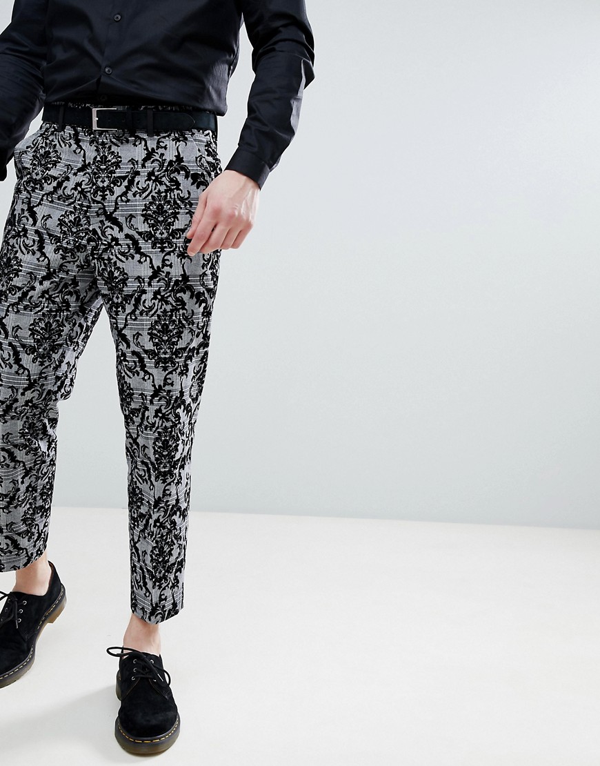 ASOS DESIGN tapered smart trousers in black check with flocking print