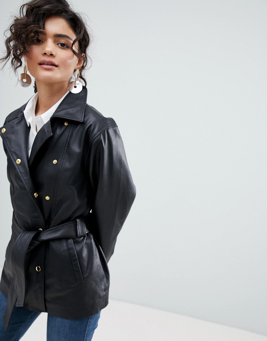Selected Femme Long Leather Jacket - Black