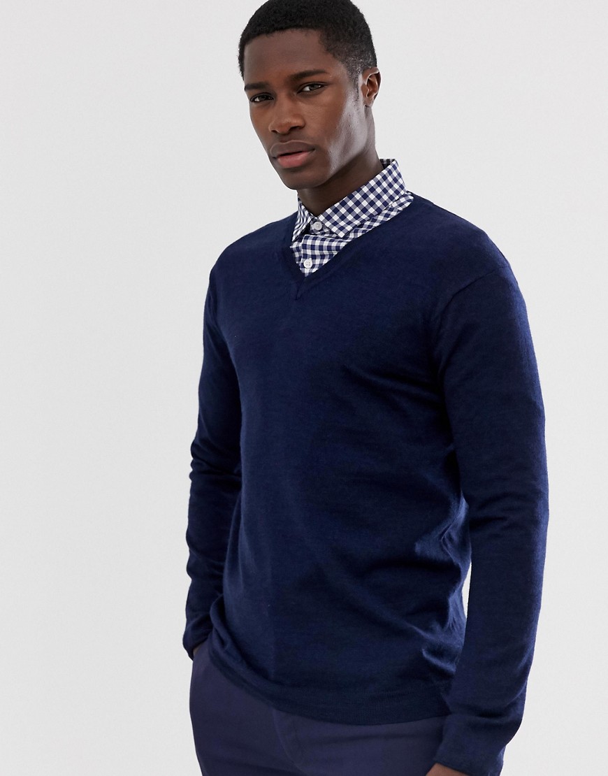 Asos Design Merino Wool V-neck Sweater In Navy