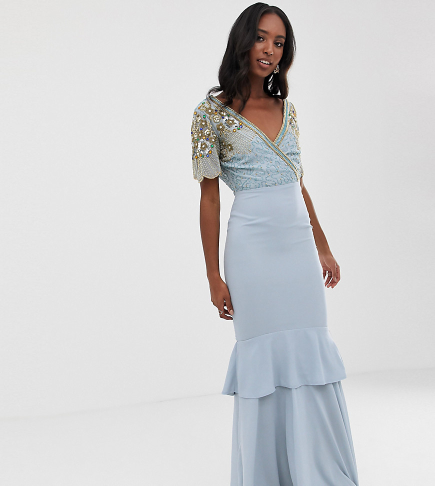 Virgos Lounge Tall plunge front embellished tiered maxi dress with train in ice blue