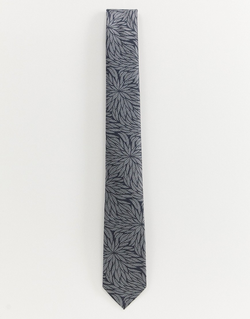 Burton Menswear tie with leaf print in grey